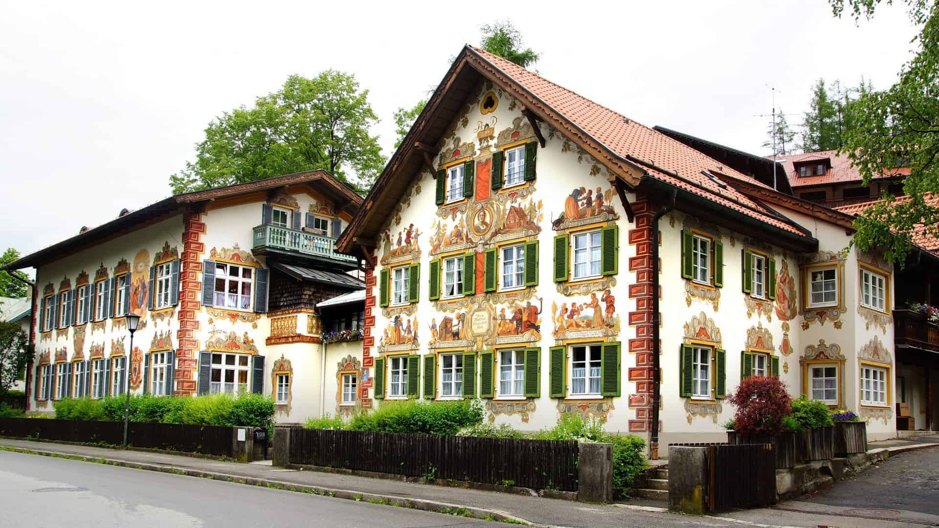 A fairy tale house, patterned with a detailed fresco, in Oberammergau