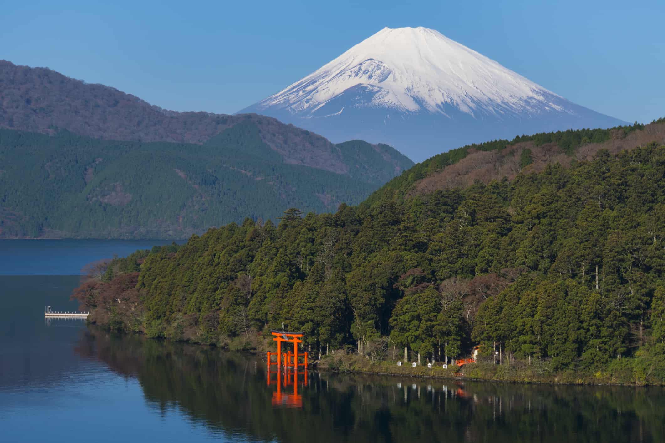 Mt Fuji and Lake Ashi with the red torii gate of Hakone Shrine, Japan